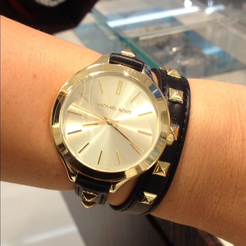 Michael Kors Black & Gold Stud Wrap Watch